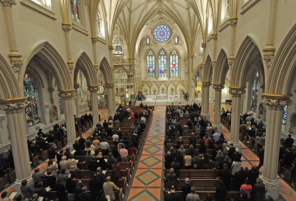 Bishop Richard J. Malone presides over the Ash Wednesday Mass at St. Joseph Cathedral. (Dan Cappellazzo/Staff Photographer)